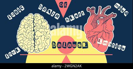 Concept Heart vs. Brain. Collage-Poster im Vintage-Design. Symbole für psychische Gesundheit und emotionales Wohlbefinden. Mind-Heart Balance handgezeichnete Grafik. Halb Stock Vektor