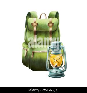 Aquarellöl-Kerosin-Laterne und Campingrucksack isolierte Illustration. Bergausrüstung für Erholungstourismus und Werbung auf weißem Hintergrund Stockfoto
