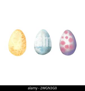 Ostereier in gelben, blauen und lila Farben. Aquarellillustration handgezeichnet auf weißem Hintergrund. Für Stoffdesign, Karten und Souvenirs Stockfoto
