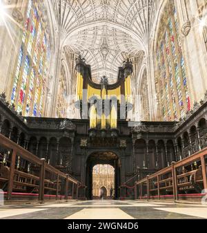 Eichenwand mit Orgel und Pfeifen in der King's College Chapel, Cambridge University, England. Stockfoto