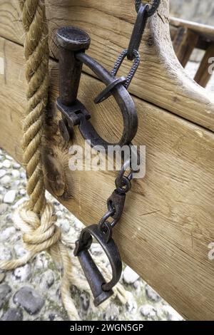 Detail eines antiken mittelalterlichen Folterinstruments, Geschichte Stockfoto