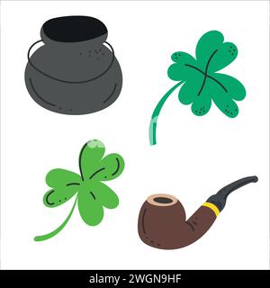 Zeichnen Sie Vektor Illustration Kritzelelemente für St Patrick's Day Cartoon Stil. Topf Couldaron, Klee, Shamrokc, Pfeife. Grooviger handgezeichneter Style. Stock Vektor