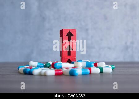 Ein roter Holzblock mit nach oben zeigendem Pfeil auf einem Haufen bunter Pillen. Steigende Kosten des verschreibungspflichtigen Medikamentenkonzepts. Stockfoto