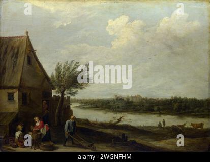 National Gallery UK – David Teniers der Jüngere – Ein Ferienhaus am Fluss mit Fernsicht auf eine Burg с1650 Stockfoto