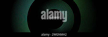 Abstrakter 3D-Hintergrund mit grünem Techno überlappt die Ebene im dunklen Raum mit leuchtenden Kreislinien. Stock Vektor