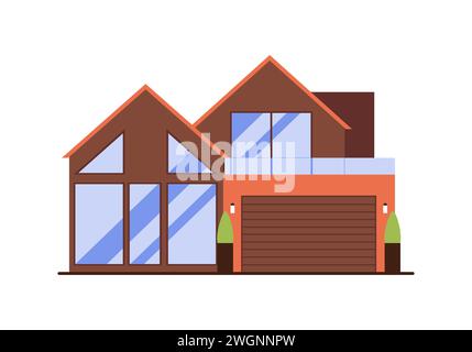 Modernes Landhaus, braunes Häuschen mit Garage und Fenster Vektor Illustration Stock Vektor