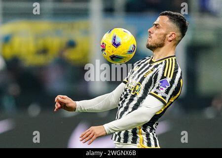 Mailand, Italien. Februar 2024. Foto Spada/LaPresse 04 Febbraio 2024 Milano (Italia) Sport, calcio - Inter vs Juventus - Campionato italiano di calcio Serie A TIM 2023/2024 - Stadio San Siro. Nella Foto: Filip Kostic (FC Juventus); 4. Februar 2024 Mailand (Italien) Sport, calcio - Inter vs Juventus - italienische Fußballmeisterschaft der Serie A 2023/2024 - San Siro Stadion. Im Bild: Filip Kostic (Juventus FC); Foto: LaPresse/Alamy Live News Stockfoto