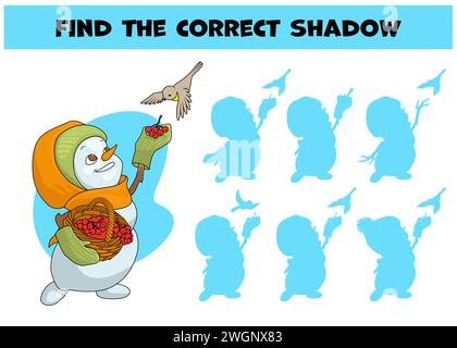 Suchen Sie den richtigen Schatten. Süßes Schneemannmädchen mit einem Korb mit Beeren, das Vögel füttert. Wählen Sie die richtige Antwort. Passendes Spiel. Farbenfrohe Zeichentrickfiguren. Stock Vektor