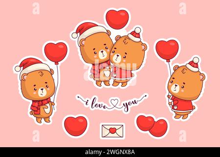 Schöne süße Bären mit Ballons und Herzen. Valentinstag Sticker Kollektion. Isolierter romantischer Winter-Teddybär, Junge und Mädchen Kawaii Charakter. Vektor Stock Vektor