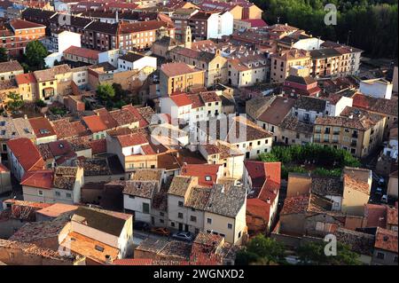 San Esteban de Gormaz, Luftaufnahme vom Schloss. Soria Provinz, Castilla y Leon, Spanien. Stockfoto