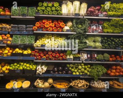 Supermarktständer voller verschiedener Gemüsearten Stockfoto