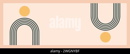 Minimalistische geometrische Zen-Bogen-Bannervorlage. Abstrakte Boho-Formen in Retro-Ästhetik für vielseitige Designanwendungen. Vektorkonzeptkonstruktion. Stock Vektor