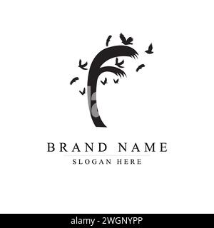 F-Logo-Buchstabe mit Vogelherde, die aus dem Buchstaben fliegen und sich auflösen, F-Logo-Vögel im Flug, F-Logo-Design-Vektor-Illustration Stock Vektor