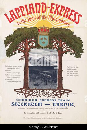 Reiseposter Für Den Vintage-Zug. Schwedische Staatsbahnen Werbespot für „Lapland Express to the Land of the Midnight Sun“ (Lapland Express zum Land der Mitternachtssonne) Stockfoto