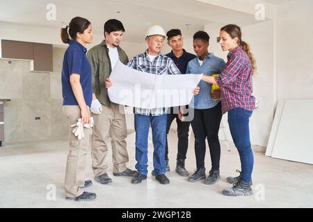 Team aus Kollegen und Architekten treffen sich über Blueprint Stockfoto