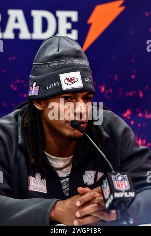 Las Vegas, Nevada, USA, 5. Februar 2024 - Isiah Pacheco läuft zurück für die Kansas City Chiefs beim NFL Super Bowl LVIII Opening Night im Allegiant Stadium in Las Vegas, Nevada, USA. Quelle: Ken Howard/Alamy Live News Stockfoto