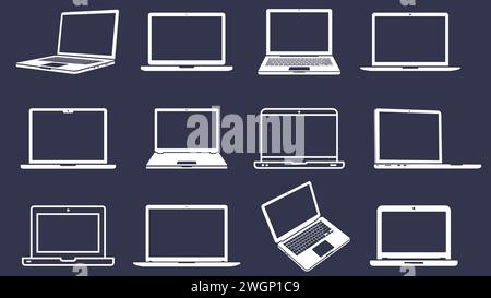 Notebook-Symbole eingestellt. Flache Symbole und Linien des Notebooks. Silhouetten-Kollektion für Laptops. Stock Vektor
