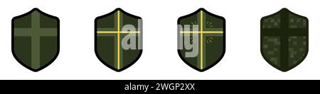 Symbol für Schild mit Kreuzvektor. Patchmuster für militärische Schilde. Christlicher Kaplan Symbolvektor. Kreuz- und Abschirmvektor. Stock Vektor