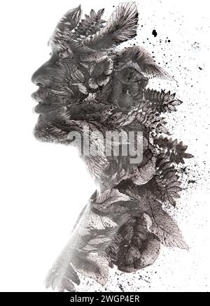 Ein graphisches Paintoptographie-Doppelbelichtungs-männliches Profilporträt Stockfoto