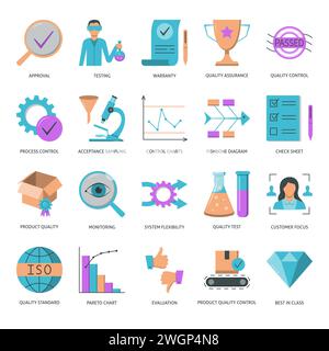 Flache Symbolgruppe für Qualitätssicherung. Vektorabbildung. Stock Vektor