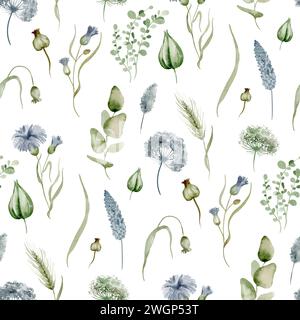 Nahtloses Muster mit Blumenmuster. Hintergrund Wildblumen auf weißem Hintergrund. Anordnung von Wiesenblättern und Pflanzen handgezeichnet. Stockfoto