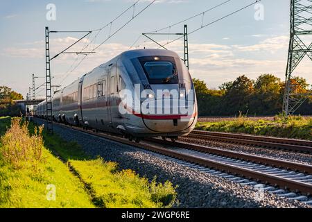 Ein schneller ICE-Expresszug verkehrt elektrisch für den Personenverkehr durch ein ländliches Gebiet in Deutschland Stockfoto