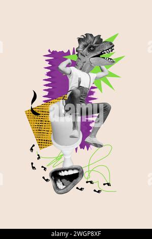 3D abstrakte kreative Artwork Vorlage Collage von lustigen Dinosaurier Kopf Mann Kerze Licht weihnachtliche seltsame Freak bizarr ungewöhnliche Fantasy Reklametafel Stockfoto