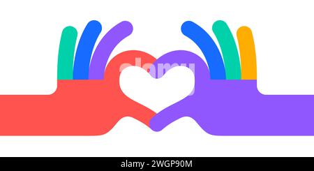 Handzeichen Herzliebe. Farbenfrohe Geste mit dem Symbol „Herzliebe Hände“. Hände, die Zeichen von Herzen Formen. Grußkarte, Poster, Banner. Liebe Emoji-Konzept Valentinstag. Vektorabbildung Stock Vektor