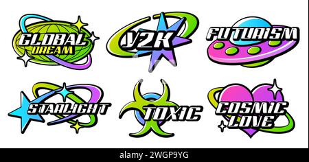 Retro Y2K-Logo. Bunte Schriftzeichen mit Acid Gradient für Hemd und Streetwear. Aufkleber, Abzeichen, Slogan Typografie Vektor Icon Design Illustration mit Stern, Herz, Planet Erde. Futuristische Elemente. Stock Vektor