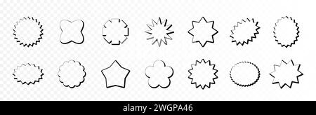 Set mit SUN starburst-Promo-Rahmen in Form von Badge. Farbenfrohe Preisangebot Sterne dekorative Sonnenexplosionselemente Kollektion. Trendiger abstrakter Vintage-Callout Stock Vektor