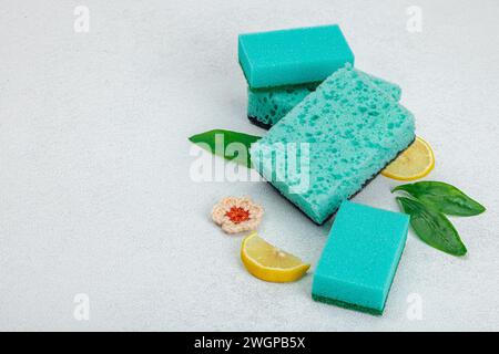 Verschiedene Schwämme zum Waschen von Geschirr. Bio-Reinigungskonzept, Zitronenfrische. Steinbetonhintergrund, flache Lage, Kopierraum Stockfoto