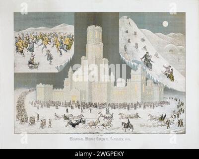 Vintage Print “Montreal Winter Carnival, Februar 1884”. Diese Chromolithographie zeigt Schneeschuhfahrer in einer Fackelprozession den Mount Royal hinunter, den Hügel im Zentrum der Stadt. Der Eispalast war ein wesentlicher Bestandteil des Montrealer Karnevals. Stockfoto