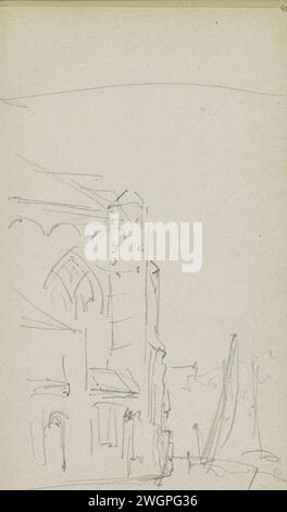 Blick auf eine Kirche, Adrianus Everssen, ca. 1828 - 1897 Blick auf eine Kirche, die von anderen Gebäuden umgeben ist. Seite 41 Recto aus einem Skizzenbuch mit 69 Blättern aus der Nähe von Delft, Rotterdam, Oudewater und Harlingen. Niederlande Papier. Bleistift Straße. Kirche (außen) Stockfoto