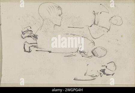 Frauen und Mädchen in traditionellen Trachten, 1875 auch eine Studie des Kopfes. Seite 12 aus einem Skizzenbuch mit 38 Blättern. Papier. Bleistiftkopf (Mensch). Volkstracht, regionale Tracht (+ Damenkleidung) Stockfoto