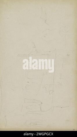 Stadtbild mit einer Kirche, Adrianus Everssen, um 1828 - 1897 Ansicht eines Teils einer Kirche. Richtige Gebäude und ein Baum. Seite 17 Recto aus einem Skizzenbuch mit 69 Zeitschriften aus der Nähe von Delft, Rotterdam, Oudewater und Harlingen. Niederlande Papier. Bleistiftkirche (außen). Blick auf die Stadt und Landschaft mit künstlichen Bauten Stockfoto
