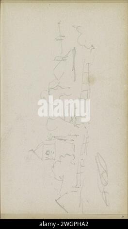 Stadtbild mit einer Kirche, möglicherweise Oudewater, Adrianus Everssen, um 1828 - 1897 Stadtbild, möglicherweise Oudewater, mit einer Kirche. Seite 20 Recto aus einem Skizzenbuch mit 69 Zeitschriften aus der Nähe von Delft, Rotterdam, Oudewater und Harlingen. Niederlande Papier. Aussicht auf das Dorf mit Bleistift, Silhouette des Dorfes. Kirche (außen) Sint-Michaëlskerk Stockfoto