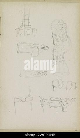 Verschiedene Studien, Adrianus Everssen, ca. 1828 - 1897 über Waren und Körbe. Außerdem ein Mann mit einer Mütze, der eine Tasche unter dem Arm trägt. Unten links eine Architekturstudie. Zwei Frauen in der Mitte. Rechts ein Mann mit einem Balken oder Brett auf der Schulter. Seite 65 Recto aus einem Skizzenbuch mit 69 Blättern aus der Nähe von Delft, Rotterdam, Oudewater und Harlingen. Niederlande Papier. Architektonische Details mit Bleistift. Tragen Sie etwas in Korb, Tasche, Rucksack usw. Erwachsener Mann. Erwachsene Frau Stockfoto