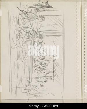 Zwei sitzende Figuren in einem Innenraum, 1925 die Figuren können eine Vorstellung mit (wajang) Puppen sehen. Seite 102 aus einem Skizzenbuch mit 67 Blättern. Indonesien Papier. Kreide im Inneren des Hauses. Sitzende Figur Stockfoto