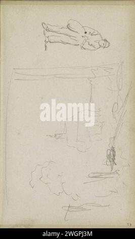 Mann mit Tasche und Stadtbild, Adrianus Everssen, ca. 1828 - 1897 Stadtbild mit einem Gebäude mit Turm, möglicherweise in Oudewater. Rechts ein Mann mit einer Tasche in den Händen. Seite 57 Recto aus einem Skizzenbuch mit 69 Blättern aus der Nähe von Delft, Rotterdam, Oudewater und Harlingen. Niederlande Papier. Blick auf die Stadt mit Bleistift und Landschaft mit künstlichen Bauten. turm (des Hauses oder Gebäudes). Kirche (außen). Tragen Sie etwas in Korb, Tasche, Rucksack usw. Oudewater Stockfoto