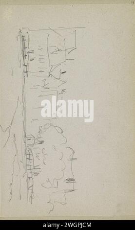 Ansicht der Gebäude, Adrianus Everssen, ca. 1828 - 1897 Ansicht der Gebäude auf beiden Seiten einer Straße oder des Wassers. Blatt 39 Recto aus einem Skizzenbuch mit 58 Blättern. Niederlande Papier. Bleistiftarchitektur; Gebäude; Wohnungen Stockfoto
