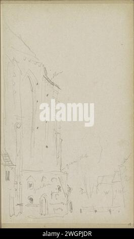 Stadtbild mit Kirche, Adrianus Everssen, ca. 1828 - 1897 Stadtbild mit Teil einer Kirche. Um die Kirchengebäude und einen Baum. Seite 18 Recto aus einem Skizzenbuch mit 69 Zeitschriften aus der Nähe von Delft, Rotterdam, Oudewater und Harlingen. Niederlande Papier. Bleistiftkirche (außen). Städtischer Wohnraum Stockfoto