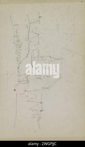 Blick auf die Gebäude, Adrianus Everssen, ca. 1828 - 1897 Blick auf die Gebäude. In der Mitte ein Gebäude mit einem Turm. Seite 41 Recto aus einem Skizzenbuch mit 58 Blättern. Niederlande Papier. Bleistiftarchitektur; Gebäude; Wohnungen. turm (Haus oder Gebäude) Stockfoto