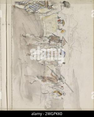 Landschaft mit Indonesiern, Spaziergang in einer Gruppe, 1925 Seite 99 aus einem Skizzenbuch mit 67 Blättern. Indonesien Papier. Aquarell (Farbe). Bleistiftpinsellandschaften (+ Landschaft mit Figuren, Personal). Asiatische Rassen und Völker. Volkstracht, regionale Tracht. Gehen Stockfoto