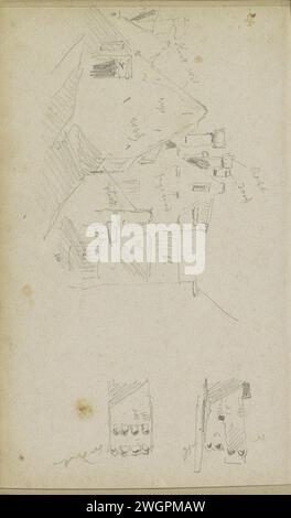 Blick auf eine Gebäudegruppe, Adrianus Everssen, ca. 1828 - 1897 links eine Gebäudegruppe in einer knusprigen Perspektive. Rechts zwei Schornsteine. Seite 42 Verso aus einem Skizzenbuch mit 69 Blättern aus der Nähe von Delft, Rotterdam, Oudewater und Harlingen. Niederlande Papier. Bleistift städtisches Wohnen. Schornstein Stockfoto