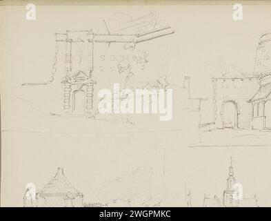Vier Gesichter an Gebäuden, Adrianus Everssen, ca. 1828 - 1897 vier Gesichter an Gebäuden. Oben links eine Fläche an einer Wand mit einem Anschnitt. Unten rechts ein Stadtbild mit einer Kirche. Seite 12 Recto aus einem Skizzenbuch mit 41 Blättern. Niederlande Papier. Bleistiftgehäuse. Blick auf die Stadt und Landschaft mit künstlichen Bauten. Kirche (außen). Tor, Eingang Stockfoto