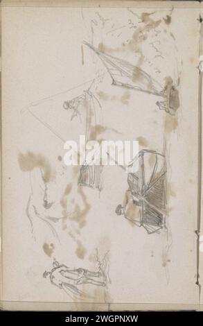 Figuren in Segel- und Ruderbooten, 1862 - ca. 1864 auch eine Studie eines Mannes, der zwei Anzüge unter dem Arm trägt. Blatt 4 rückseitig aus einem Skizzenbuch mit 65 Blättern. Papier. Bleistift-Segelschiff, Segelboot. Ruderboot, Kanu usw. Stockfoto