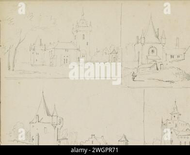 Studienblatt mit Gebäuden, Adrianus Everssen, ca. 1828 - 1897 Studienmagazin mit Gebäuden mit Türmen, evtl. Burgen oder Landgütern. Seite 26 Recto aus einem Skizzenbuch mit 41 Blättern. Niederlande Papier. Bleistiftarchitektur; Gebäude; Wohnungen. Schloss Stockfoto