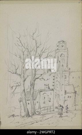 Stadtbild mit Kirche, Adrianus Everssen, ca. 1828 - 1897 Stadtbild mit Kirche. In den vorderen Figuren auf einer Brücke. Seite 5 Recto aus einem Skizzenbuch mit 58 Blättern. Niederlande Papier. Bleistift-Stadt-Ansicht und Landschaft mit künstlichen Konstruktionen (+ Stadt(-Landschaft) mit Figuren, Personal). Kirche (außen). Bäume Stockfoto