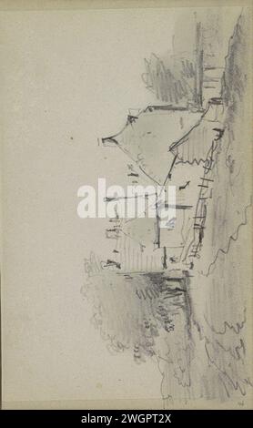 Blick auf Gebäude entlang einer Straße, Adrianus Eversen, ca. 1828 - 1897 Blick auf Gebäude entlang einer Straße. Linker und rechter Baum. Seite 46 Recto aus einem Skizzenbuch mit 58 Blättern. Niederlande Papier. Bleistift ländliche Wohnungen, z. B. Landhaus, Villa, Ferienhaus Stockfoto