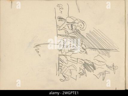 Mann auf einer Höhe für drei sitzende Figuren, ca. 1930 - 1934 die sitzenden Figuren sind mögliche Frauen. Seite 17 aus Skizzenbuch XXXVIII mit 45 Seiten. Das Haager Papier. Bleistift Erwachsener Mann (+ stehend). Erwachsene Frau (+ sitzend) Stockfoto